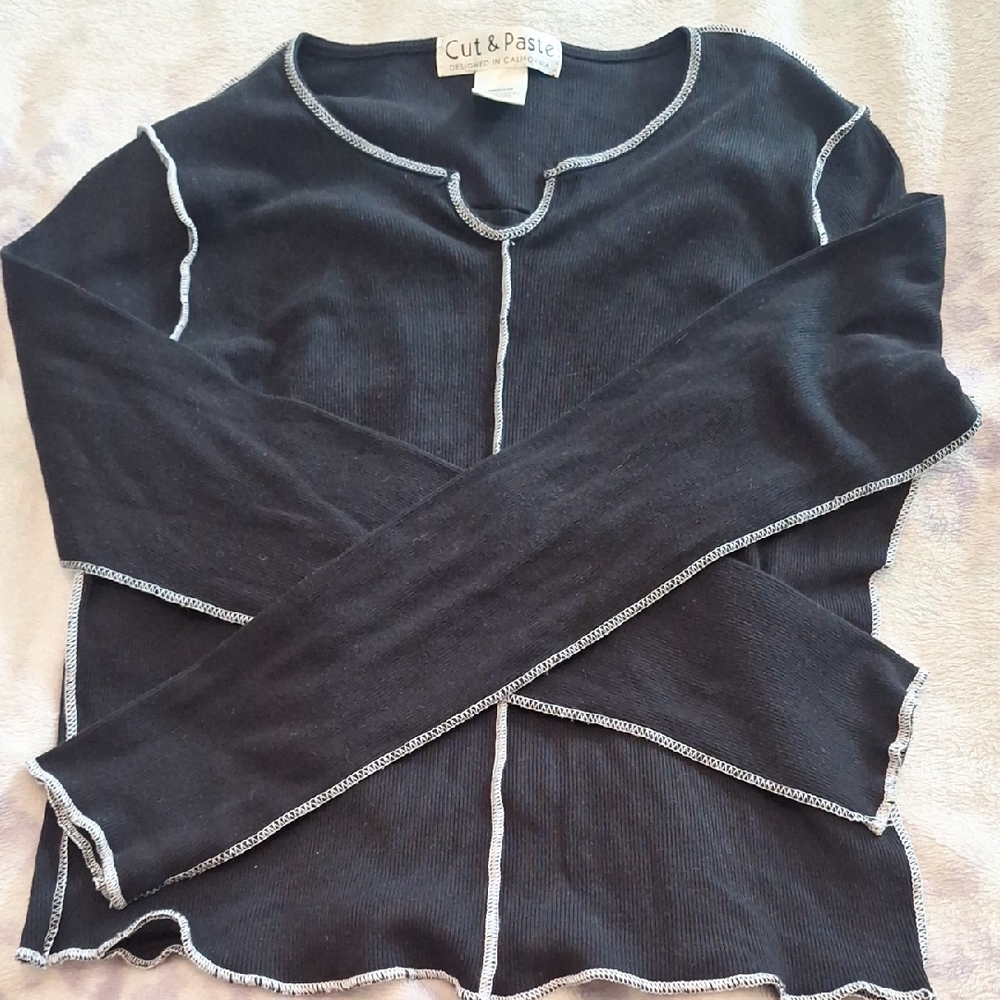 Cut & Paste Women's Black Long Sleeve Top with Contrast Stitching